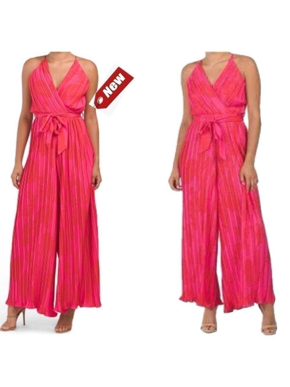 Beyond Words pink floral flower pleated wrap front wide leg jumpsuit Sz S NWT